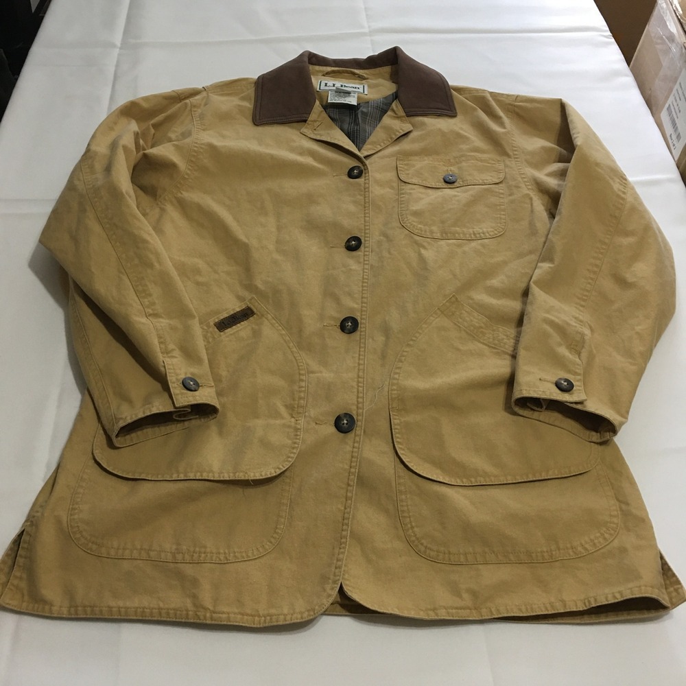 LL Bean Field Coat Women Medium Tan Barn Jacket Leather Collar Plaid Lining